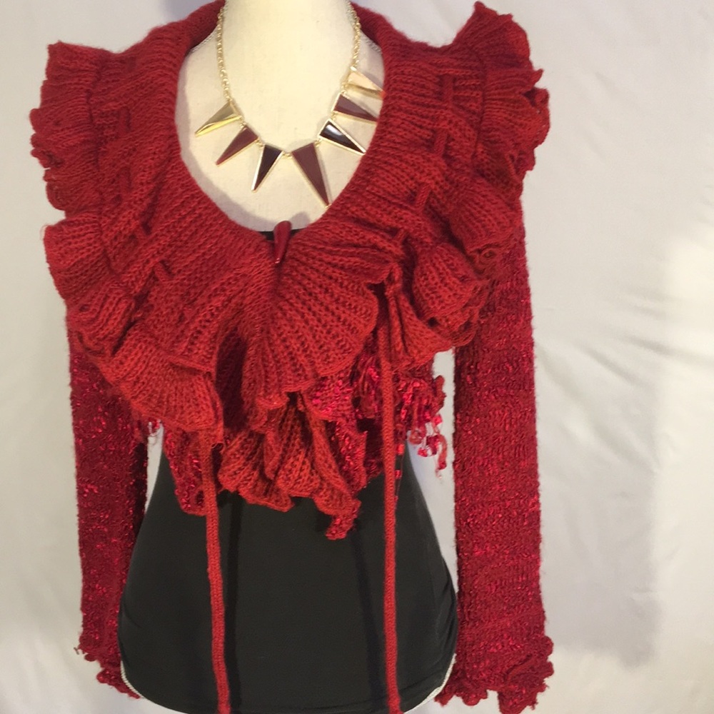 Red Ruffled Crop Sweater